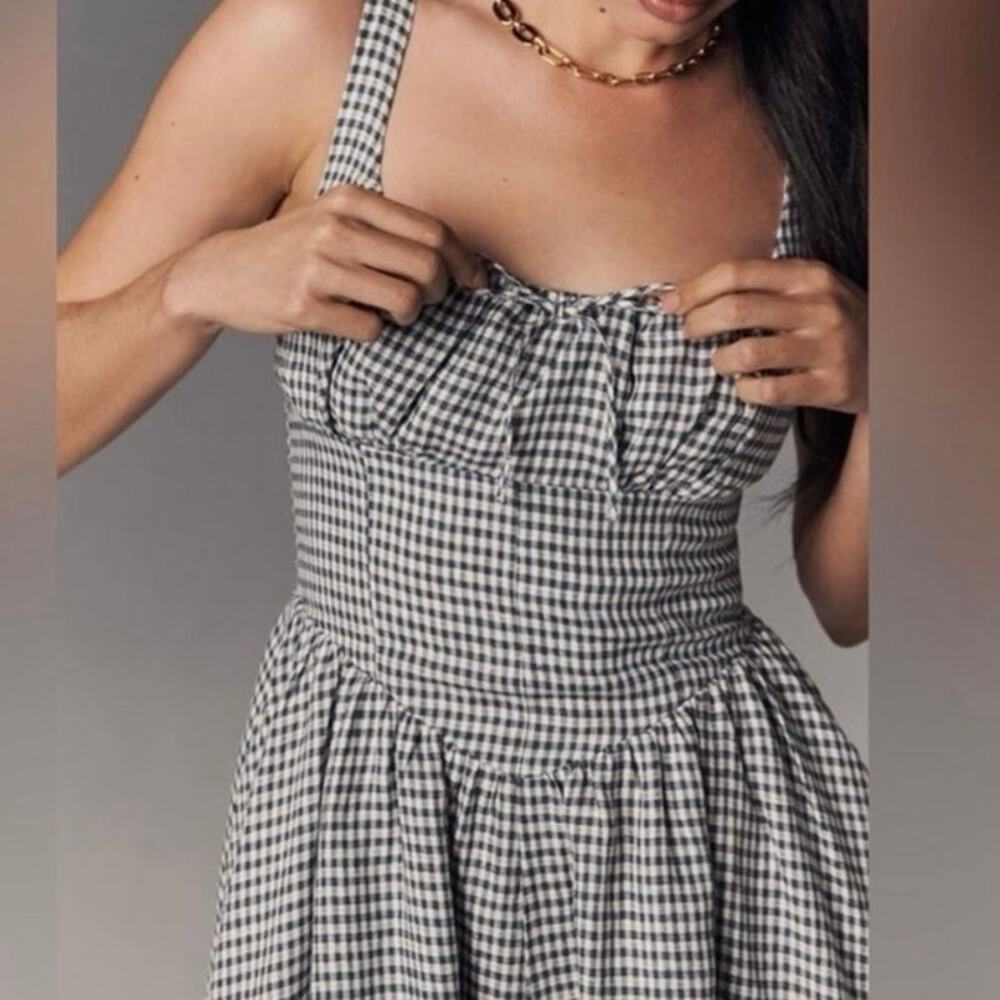REFORMATION Balia Linen Midi Dress in Slate Blue Gingham Check Coquette - Sz 0 - Picture 2 of 7